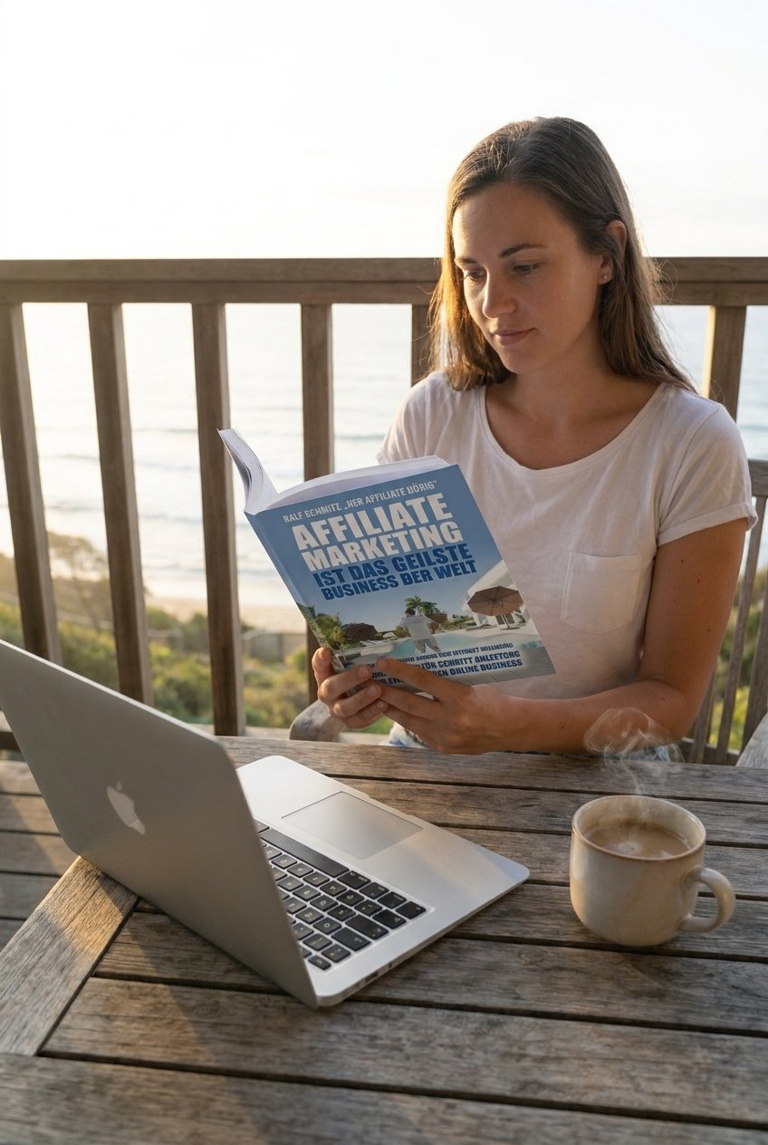 Frau liest das Buch ‚Affiliate Marketing ist das geilste Business der Welt‘ am Laptop mit Kaffee auf einer Terrasse am Meer